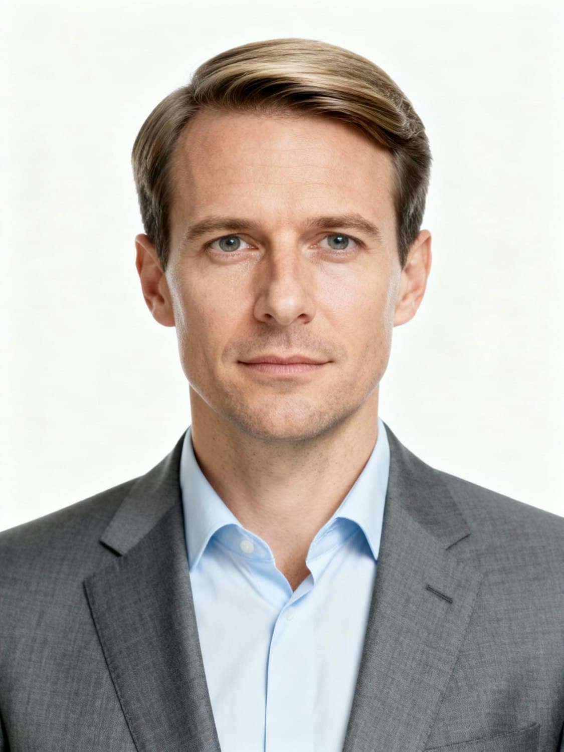 Presenter in a grey suit against a plain backdrop