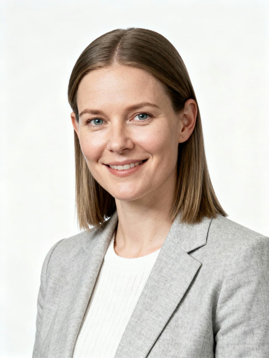 Presenter in a light grey blazer against a plain backdrop