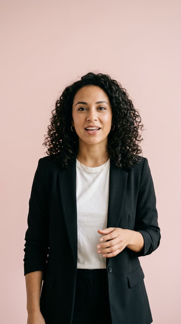 Presenter in a black blazer against a flat blush backdrop