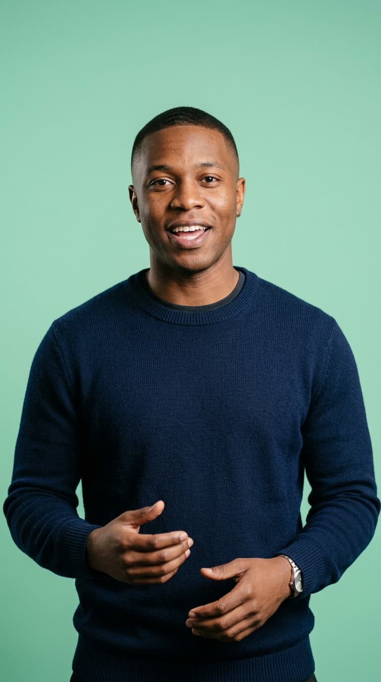 Presenter in a navy sweater against a flat mint backdrop