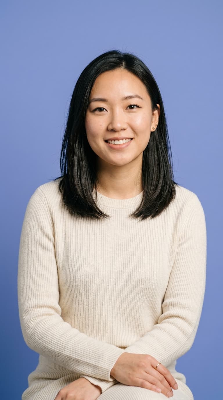 Presenter in a cream knit top against a flat periwinkle backdrop