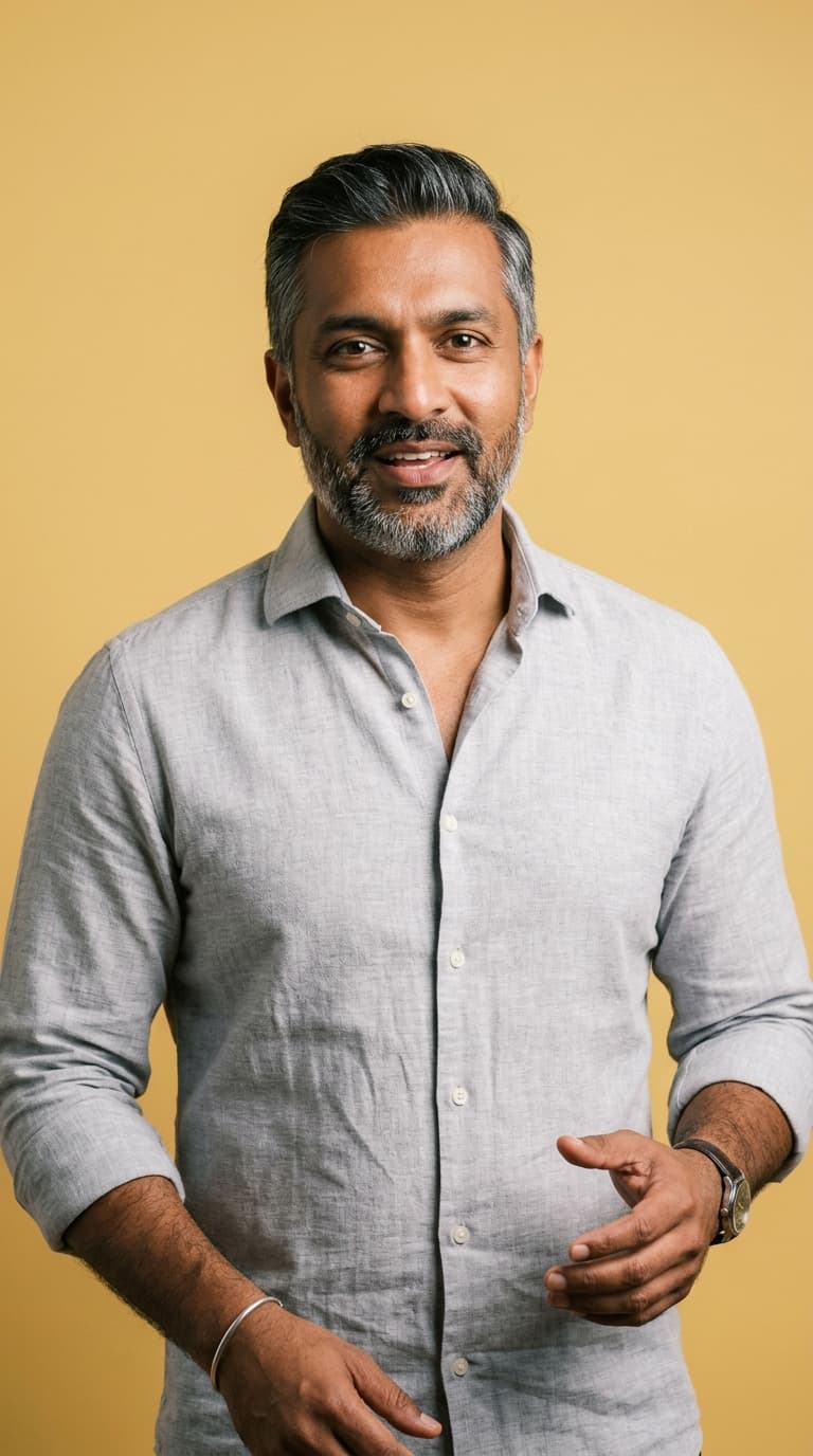 Presenter in a light grey shirt against a flat butter backdrop