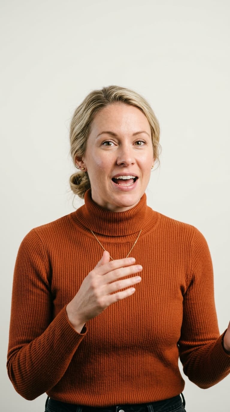 Presenter in a rust turtleneck against a flat off-white backdrop