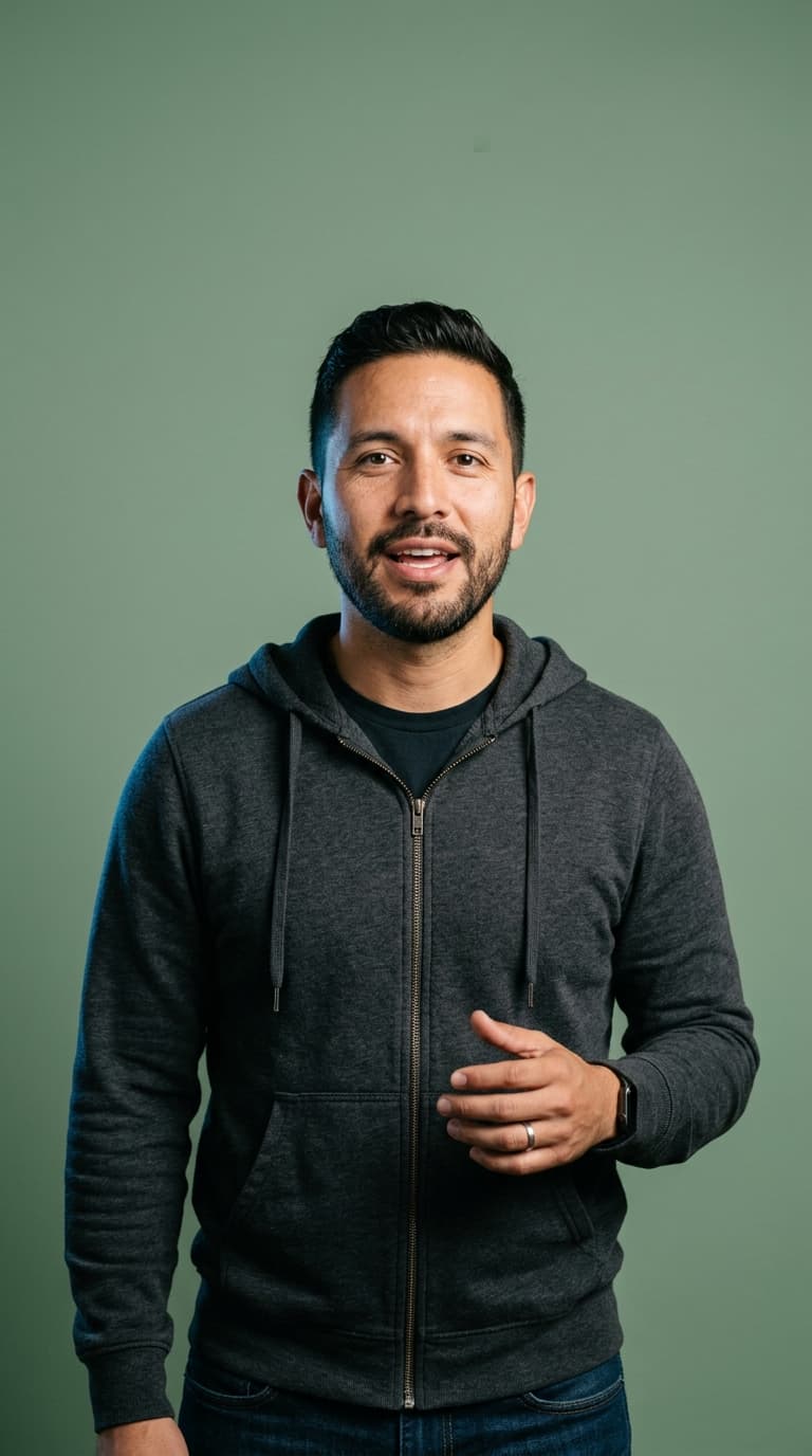 Presenter in a charcoal hoodie against a flat sage backdrop