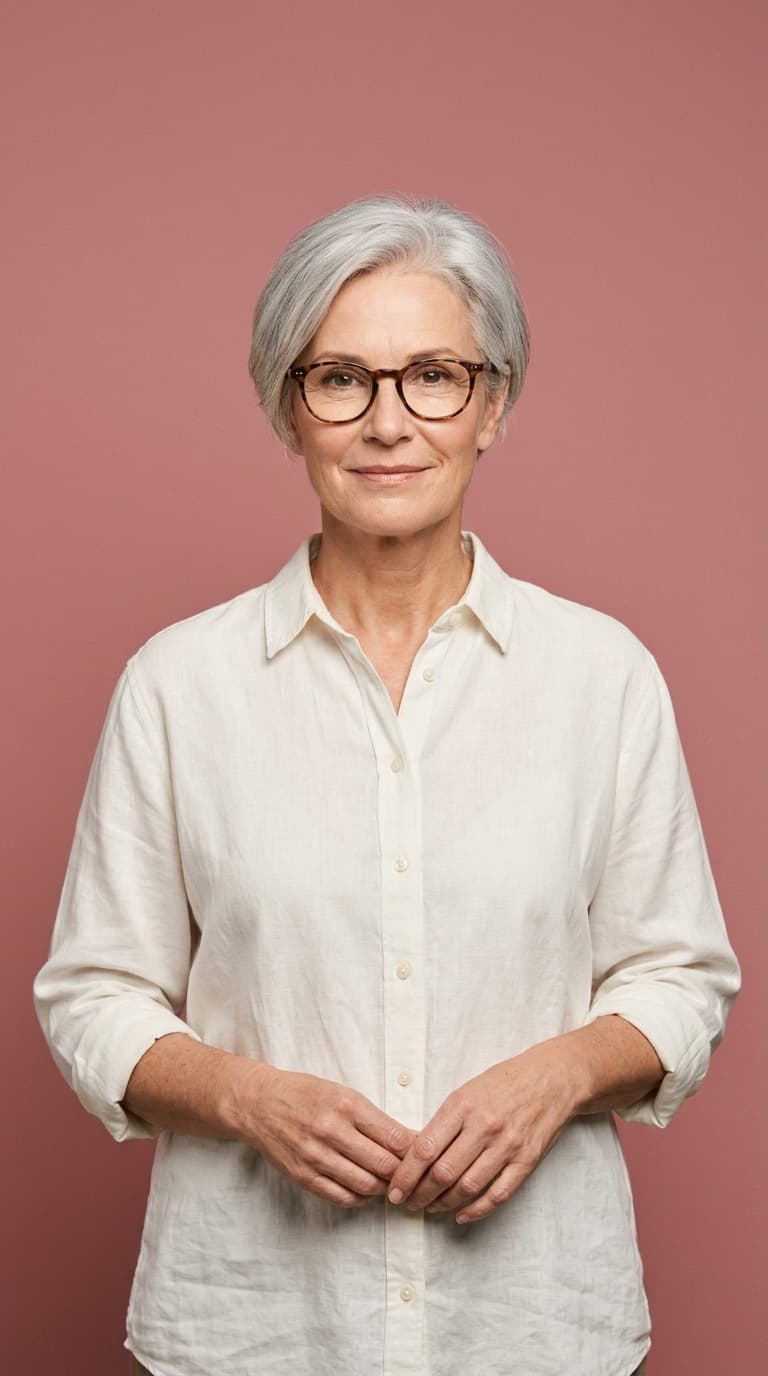 Presenter in a white shirt against a flat dusty rose backdrop