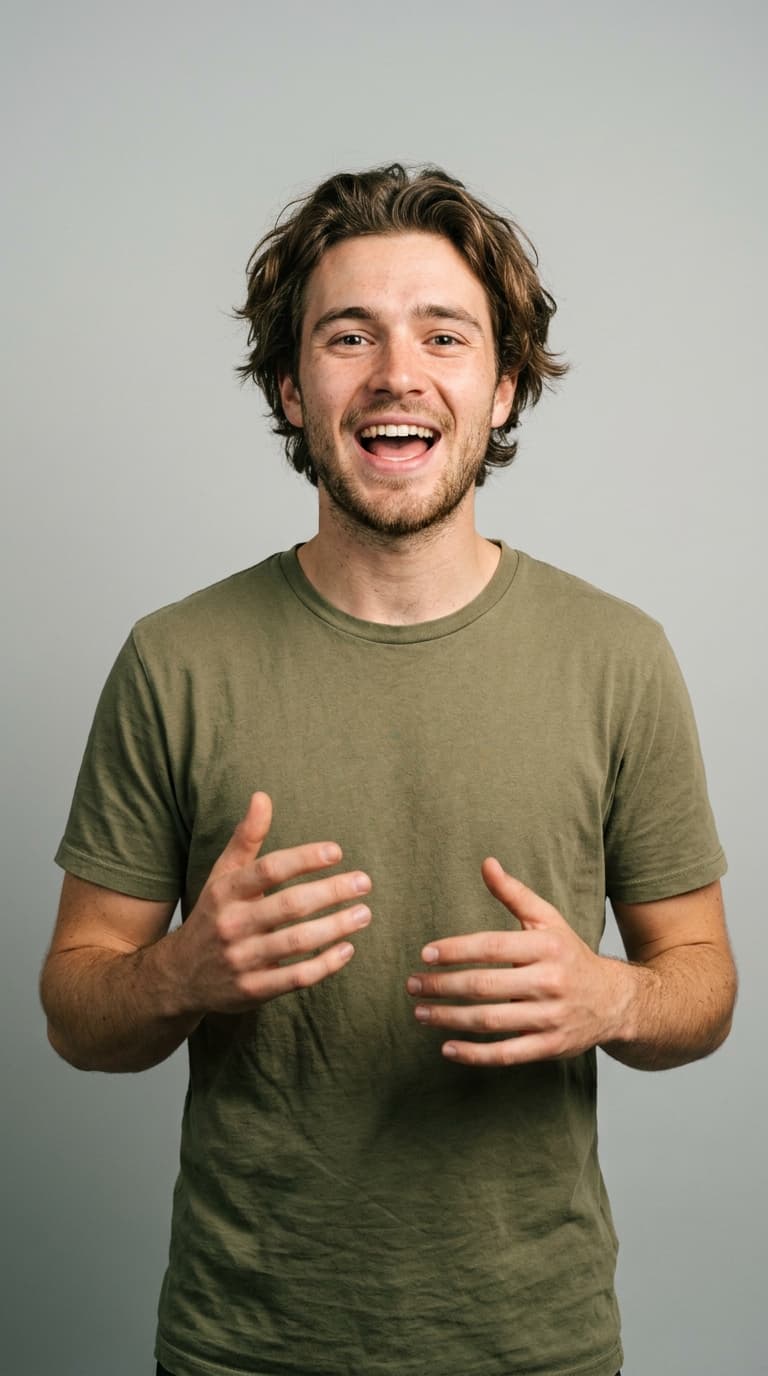 Presenter in an olive t-shirt against a flat stone backdrop